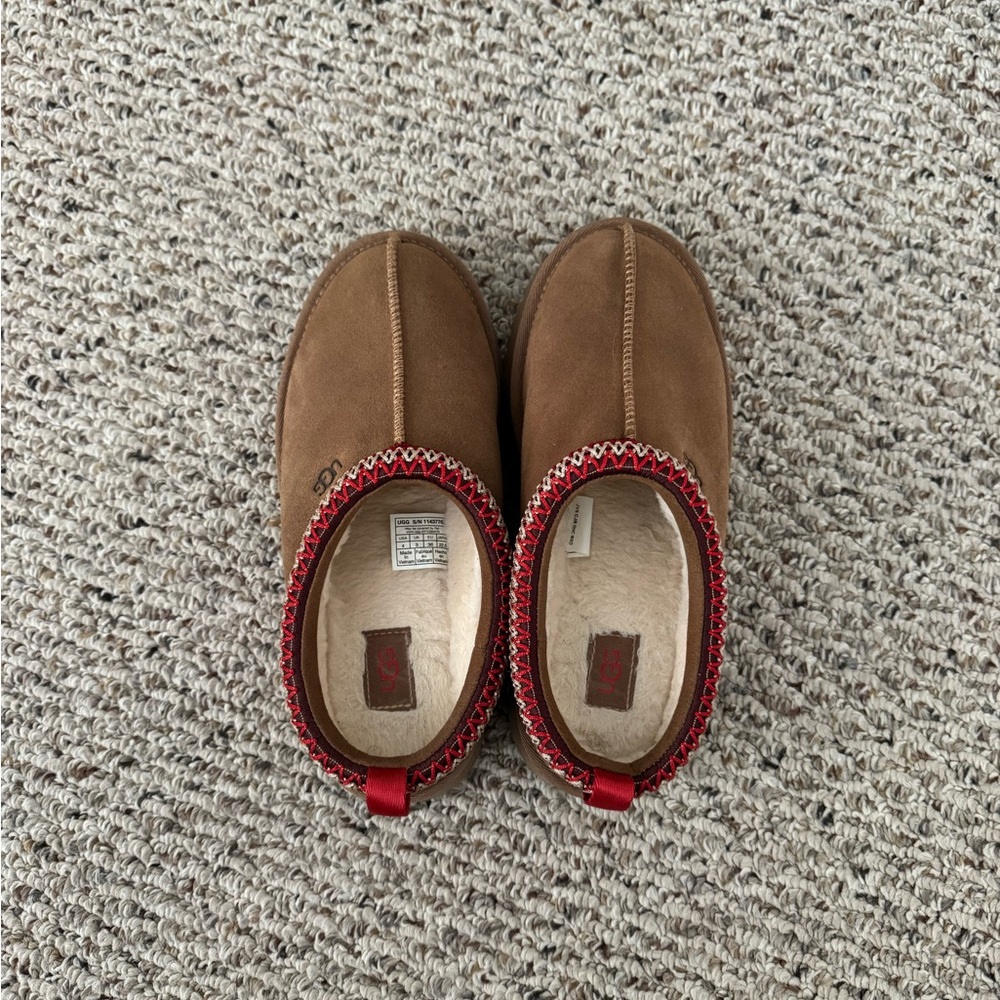 UGG Brown Kids Slippers with Red Accents